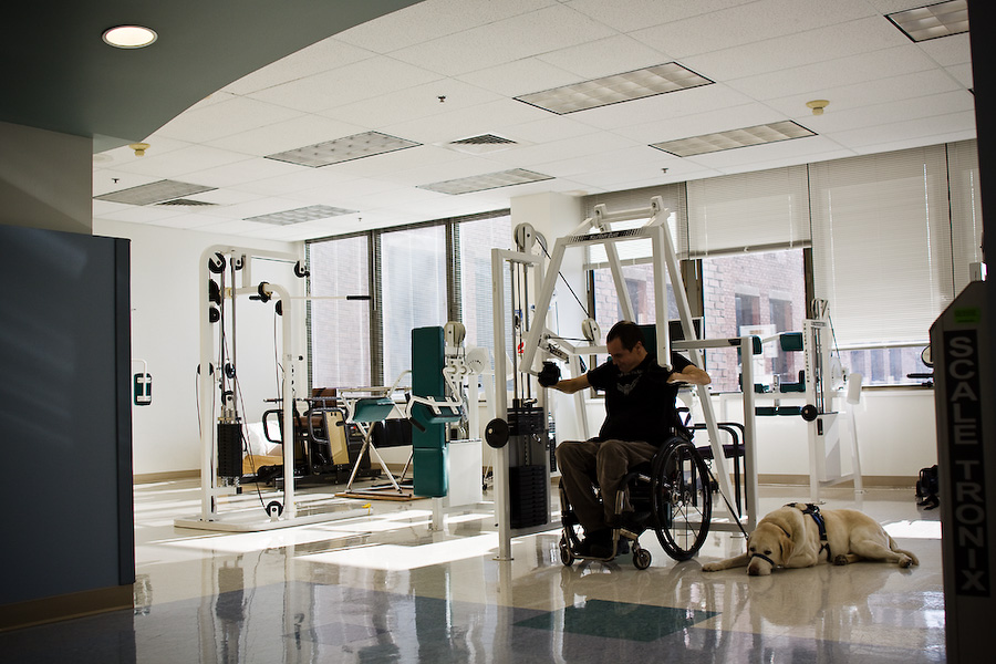Max spent three months in the Good Samaritan Hospital recovering from his accident. Most of the equipment in the weight room is made to accomodate wheelchairs, and several days a week Max is one of the only people to use it.