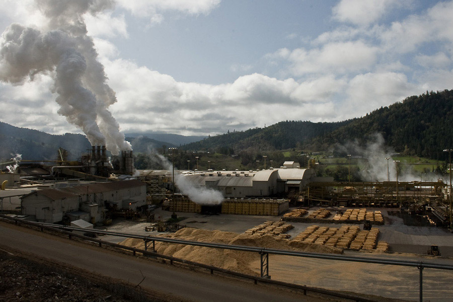 A mill that processes Roseburg Forest Products timber into plywood, particleboard, stud lumber, and melamine, in Dillard, OR. "They're designed to run 24 hours, seven days a week, and if they're not they're losing money," says Brant.